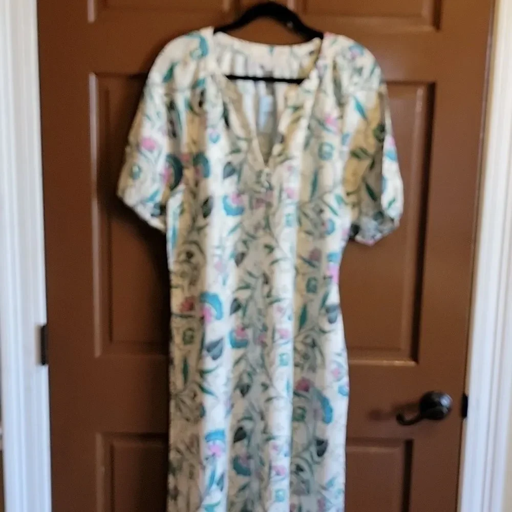 Loft-Linen iv, teal pink, print dress. Short sleeves. XLP. NWT.
